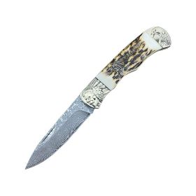 Antler Pocket Outdoor Damascus Folding Knife (Option: A)